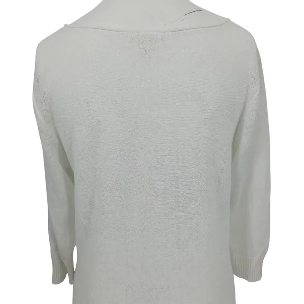 Eileen Fisher White Linen Blend 3/4 Sleeve Loose Knit Sweater Size M Petite